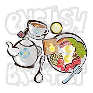 English Breakfast cartooning illustration. English breakfast fun objects, icons with deroration elements - teapot, cup