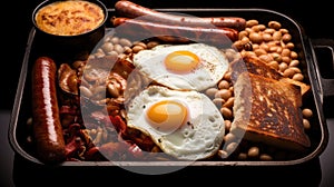 English breakfast consist of eggs, bacons, sausages, bake beans