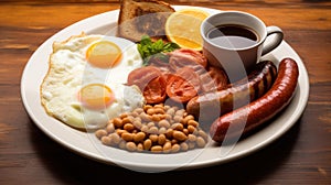 English breakfast consist of eggs, bacons, sausages, bake beans