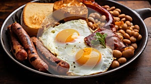English breakfast consist of eggs, bacons, sausages, bake beans
