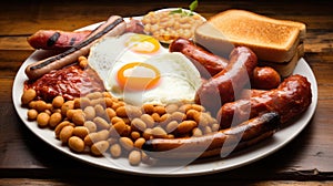 English breakfast consist of eggs, bacons, sausages, bake beans