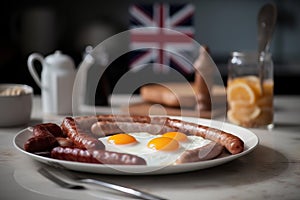 English breakfast consisting of fried eggs sausage. Generate Ai photo