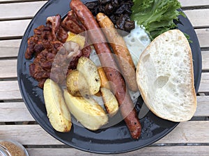English breakfast with eggs and sausages