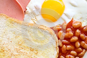 English breakfast: fried egg, bacon, beans and toast