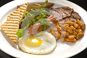 English breakfast: fried egg, bacon, beans and toast on a plate