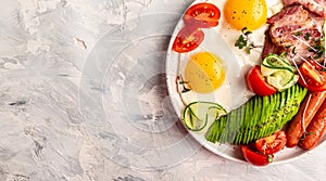 English breakfast. Fried egg, sausage, bacon, avocado, beans and toast on white background Top view, overhead, banner