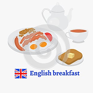 English breakfast plate with sausage, egg, becon, tomato and beans. Traditional tea and toasted bread. London cafe menu