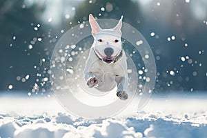English bull terrier dog jumping in the snow