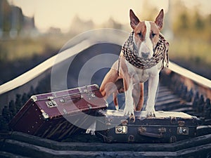 English bull terrier on rails with suitcases.