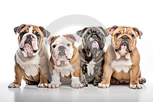 English Bulldog Family Foursome Dogs Sitting On A White Background photo