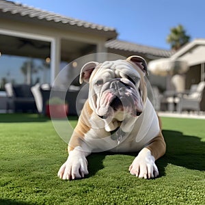 English bulldog playing on artificial turf