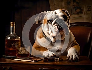 english bulldog sit on wooden table with alcohol bottle and a glass of alcohol in a house, concept of alcoholic, generative ai