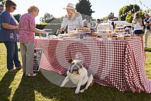 English Bulldog Sitting By Cake Stall At Busy Summer Garden Fete photo