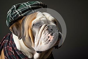 english bulldog wearing a chic, plaid bandana