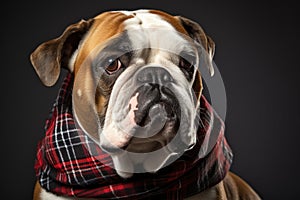 english bulldog wearing a chic, plaid bandana