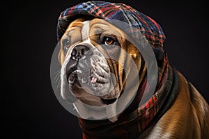 english bulldog wearing a chic, plaid bandana