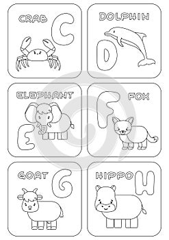 English C-H alphabet family kids game. Coloring pages with animals and letters that can be used for learning, education