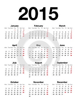 English Calendar for 2015