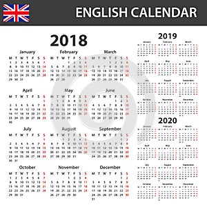 English Calendar for 2018, 2019 and 2020. Scheduler, agenda or diary template. Week starts on Monday