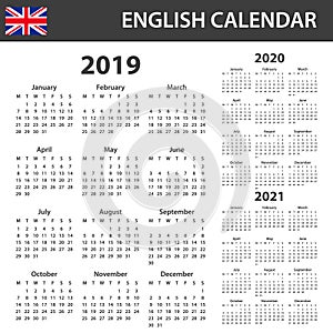 English Calendar for 2019, 2020 and 2021. Scheduler, agenda or diary template. Week starts on Monday