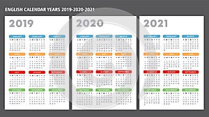 English calendar 2019-2020-2021 vector template