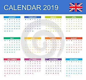 English Calendar for 2019. Scheduler, agenda or diary template. Week starts on Monday