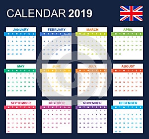 English Calendar for 2019. Scheduler, agenda or diary template. Week starts on Monday