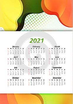 English calendar of 2021. Week starts on Sunday. Office supplies design. Business template. Abstract colorful illustration