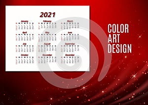 English calendar of 2021. Week starts on Sunday. Office supplies design. Business template. Abstract colorful illustration