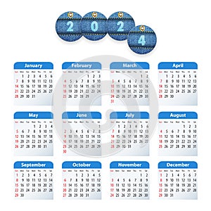English Calendar 2024 with circle jeans tags