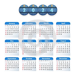 English Calendar 2024 with circle jeans tags