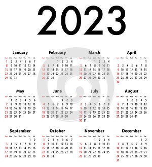 English Calendar grid for 2023. SF