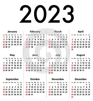 English Calendar grid for 2023. SF