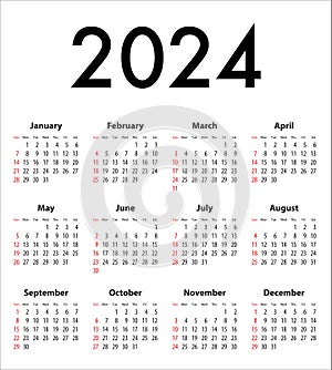 English Calendar grid for 2024. SF