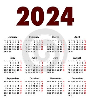 English Calendar grid bold digits for 2024. MF