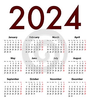 English Calendar grid regular digits for 2024. MF