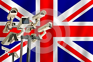 English CCTV camera on the flag of England Surveillance, security, control and totalitarianism concept