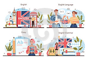 English class concept set. Study foreign languages in school or university