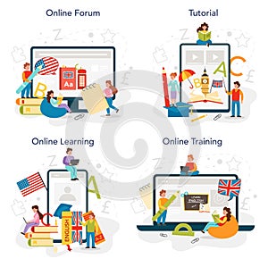 English class online service or platform set. Study foreign languages
