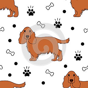 English Cocker Spaniel dog seamless pattern background with dog bone, paw print . Cartoon dog puppy background. Hand drawn