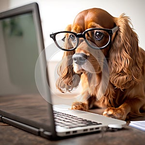 English cocker spaniel wearing glasses reading a laptop, generative ai