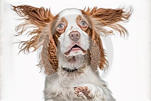 English cocker spaniel young dog is posing. Cute playful white-braun doggy or pet is playing ai generated