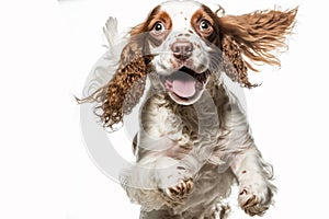 English cocker spaniel young dog is posing. Cute playful white-braun doggy or pet is playing and looking happy ai generated