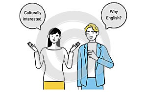 English conversation, Japanese woman speaking English with a white man, with speech balloon