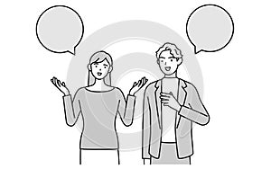 English conversation, Japanese woman speaking English with a white man, with speech balloon