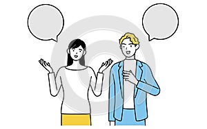 English conversation, Japanese woman speaking English with a white man, with speech balloon