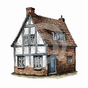English Cottage Character Sketch Illustration In Realistic Trompe-l\'oeil Style