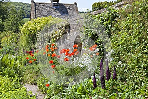 English cottage summer flowering garden with stone wall
