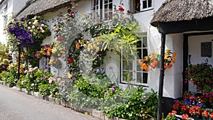 English country cottage decked with flowers photo