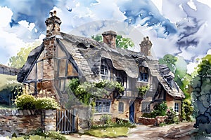 English country village in a rural landscape setting with an Elizabethan Tudor thatched cottage
